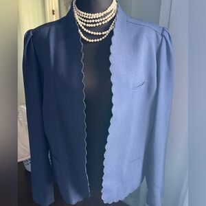 Vintage Sassoon Scalloped Cropped Blue Linen Blazer Jacket XL 14 16